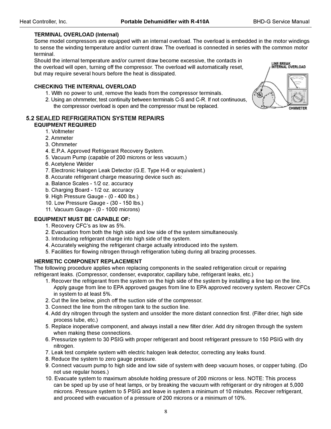 Heat Controller BHD-501-G Sealed Refrigeration System Repairs, Checking the Internal Overload, Equipment Required 