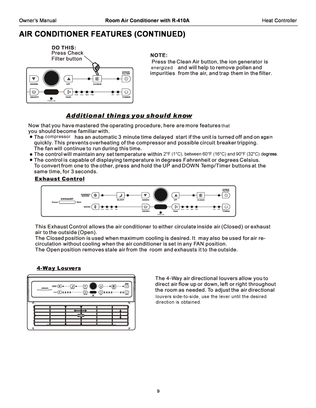 Heat Controller CD-101L Additional things you should know, Exhaust Control, Way Louvers, Room Air Conditioner with R-410A 