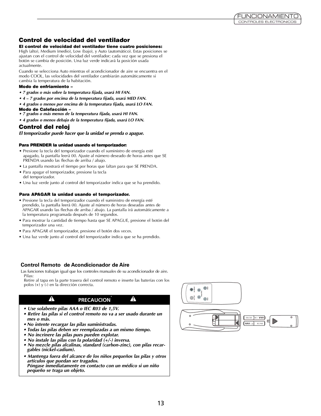 Heat Controller Comfort Air Control de velocidad del ventilador, Control del reloj, Precaucion´ 