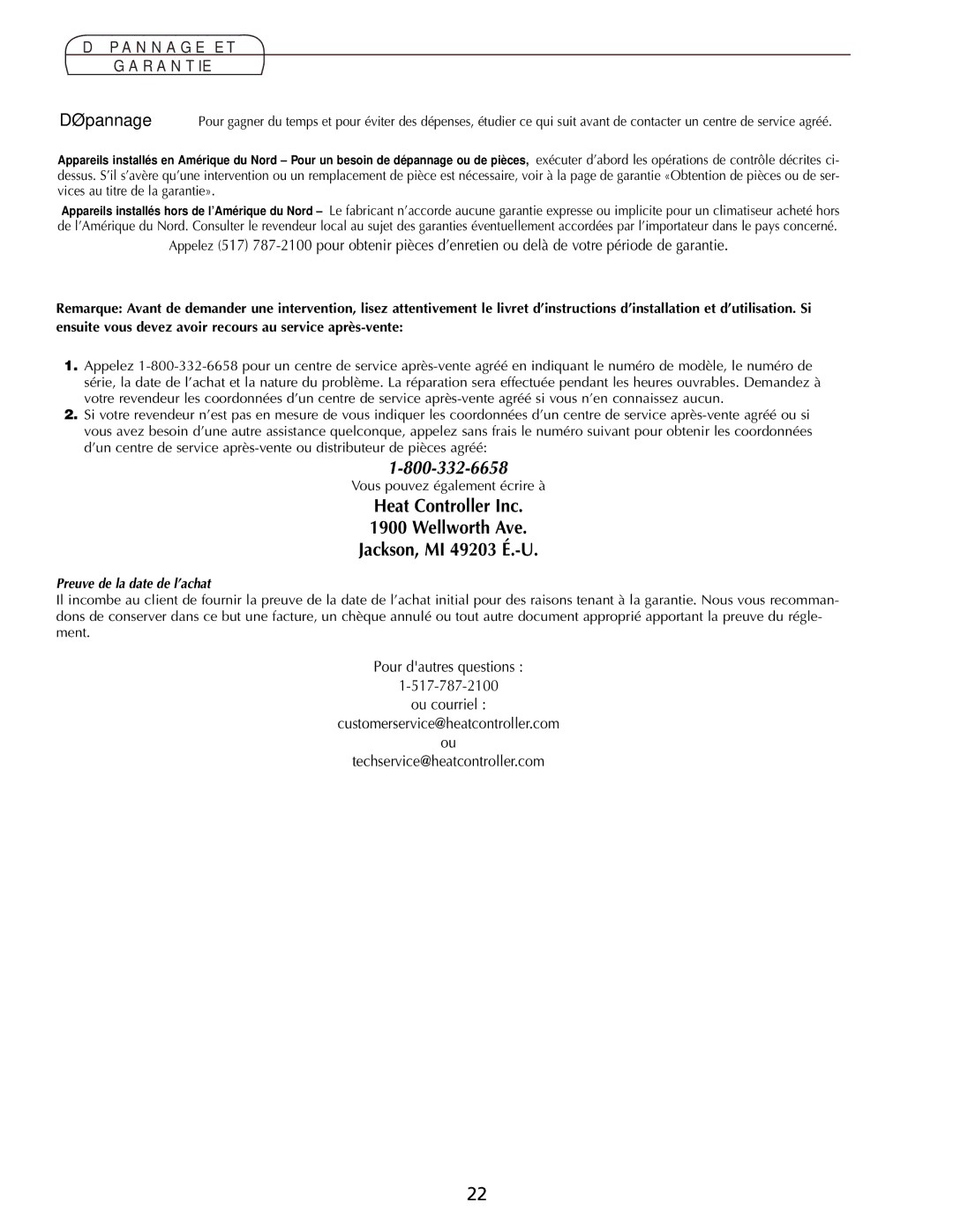 Heat Controller Comfort Air important safety instructions Dépannage ET Garantie, Preuve de la date de l’achat 