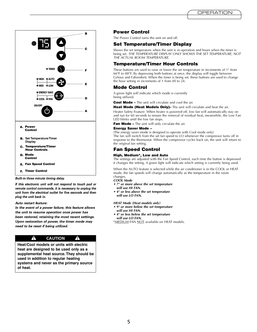 Heat Controller Comfort Air Power Control, Set Temperature/Timer Display, Temperature/Timer Hour Controls, Mode Control 