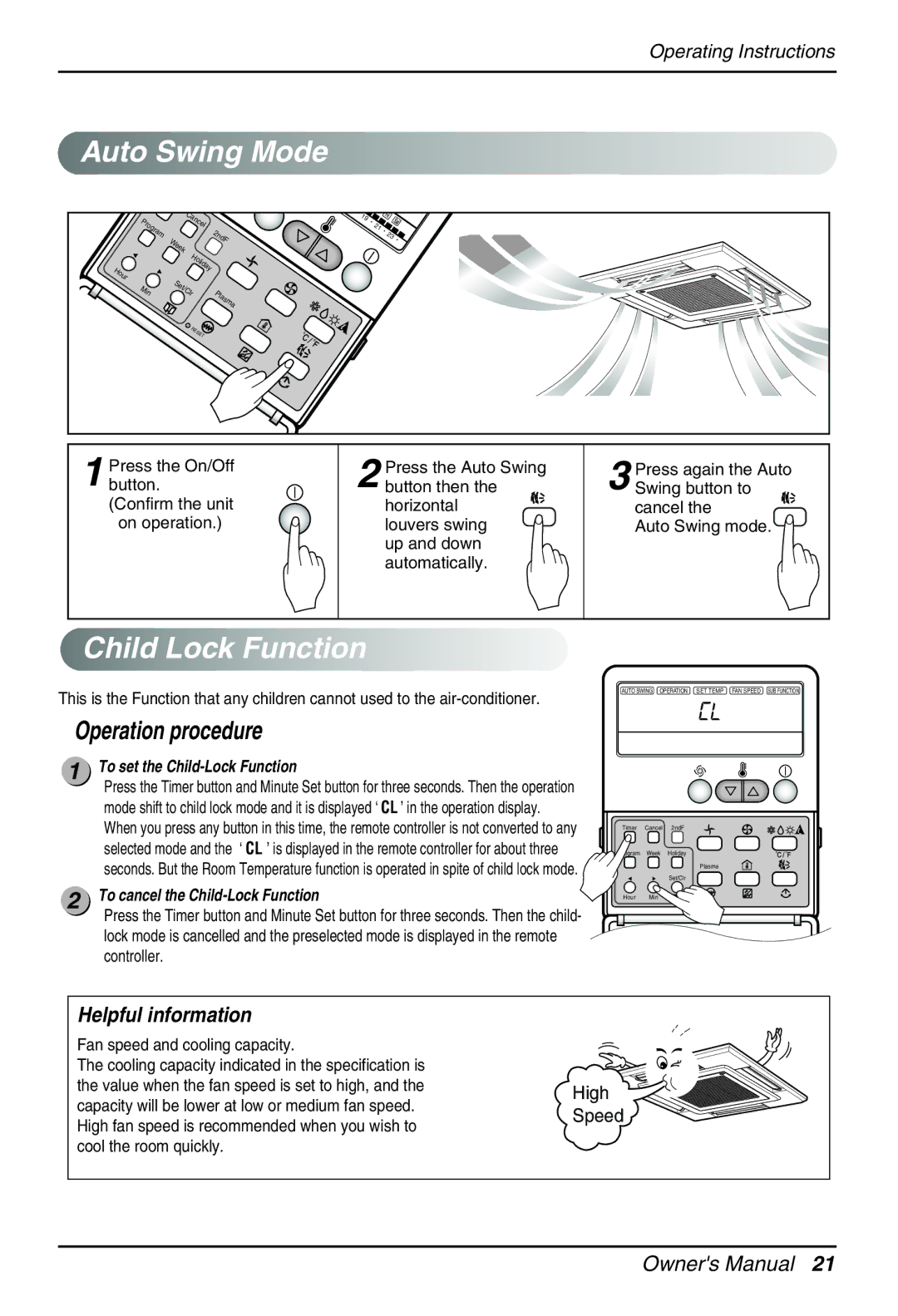 Heat Controller DMC36CA-1, DMC24CA-1 manual Auto Swing Mode, Child Lock Function, Fan speed and cooling capacity 