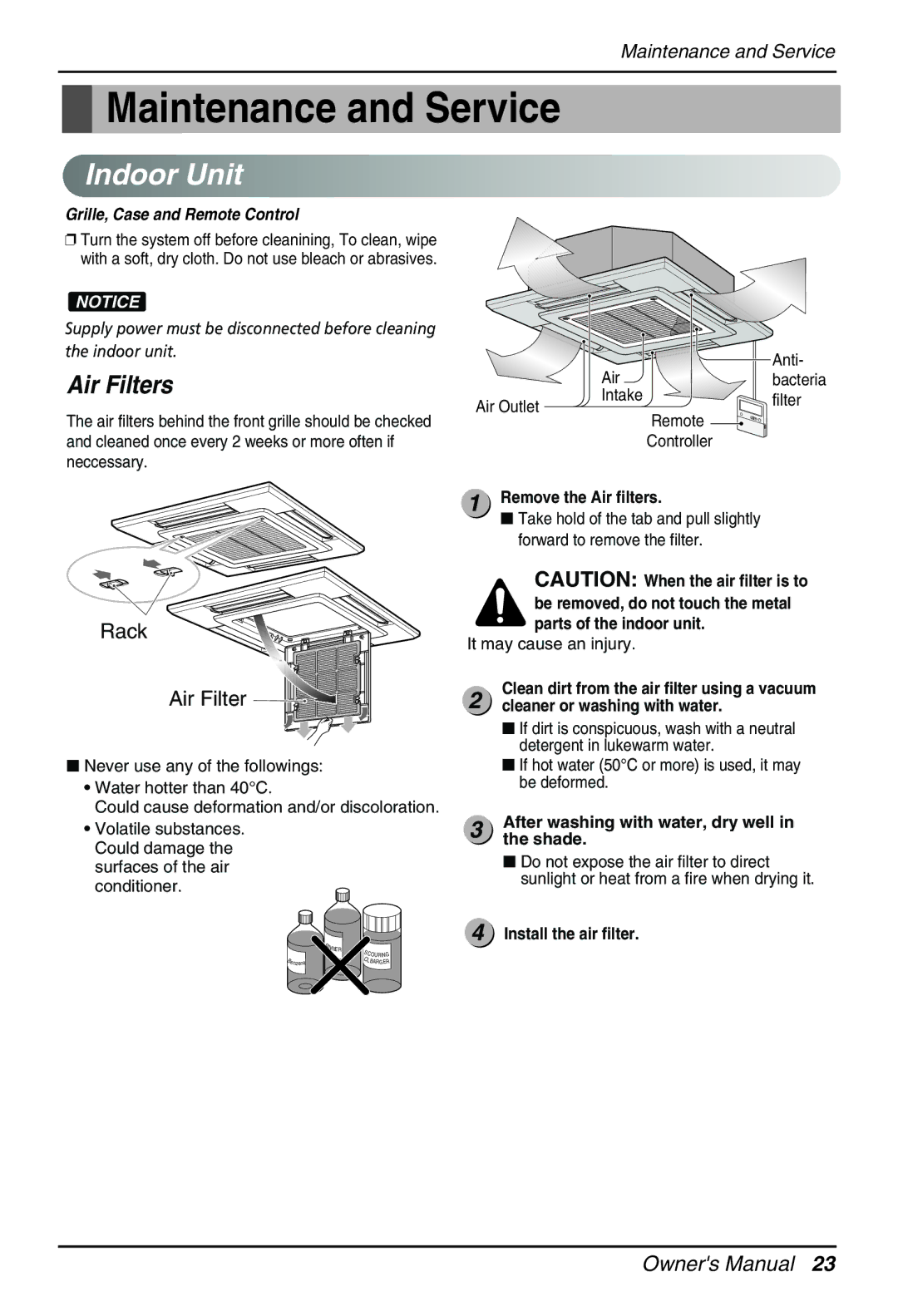 Heat Controller DMC36CA-1, DMC24CA-1 manual Remove the Air filters, Cleaner or washing with water, Install the air filter 