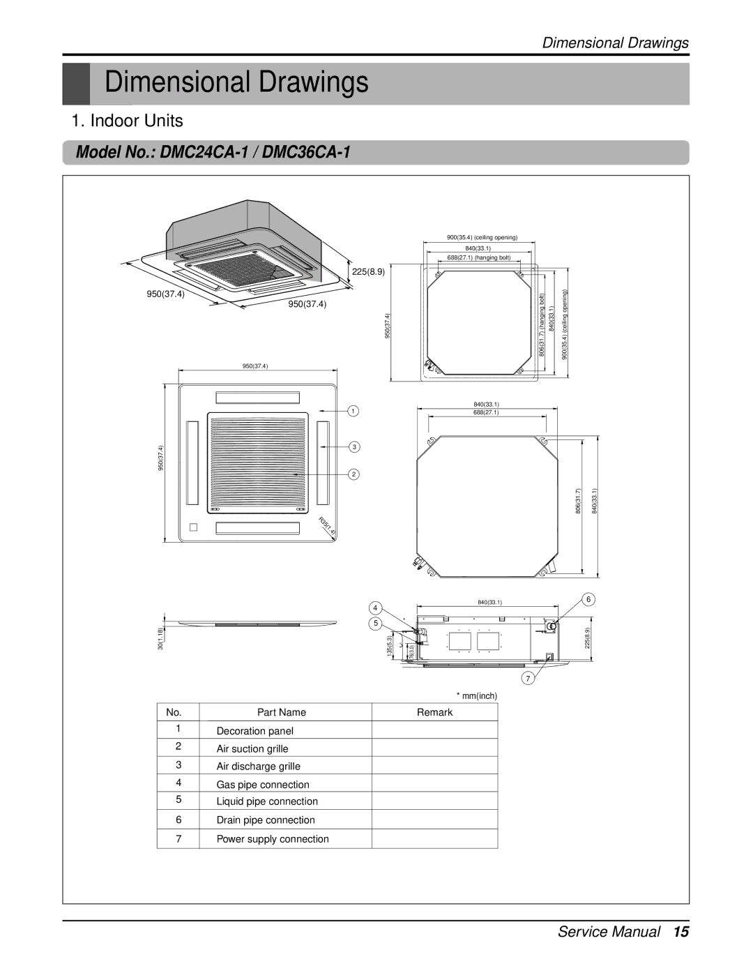 Heat Controller DMC36CA-1, DMC24CA-1 manual Dimensional Drawings, Indoor Units 