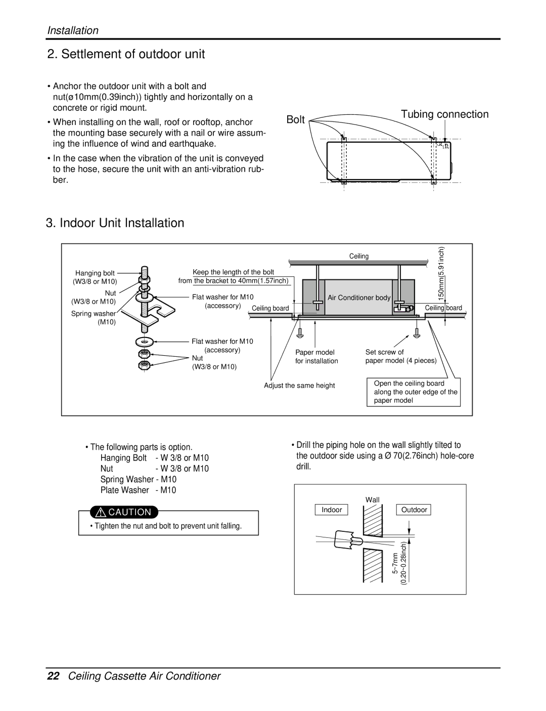 Heat Controller DMC24CA-1, DMC36CA-1 manual Settlement of outdoor unit, Indoor Unit Installation 