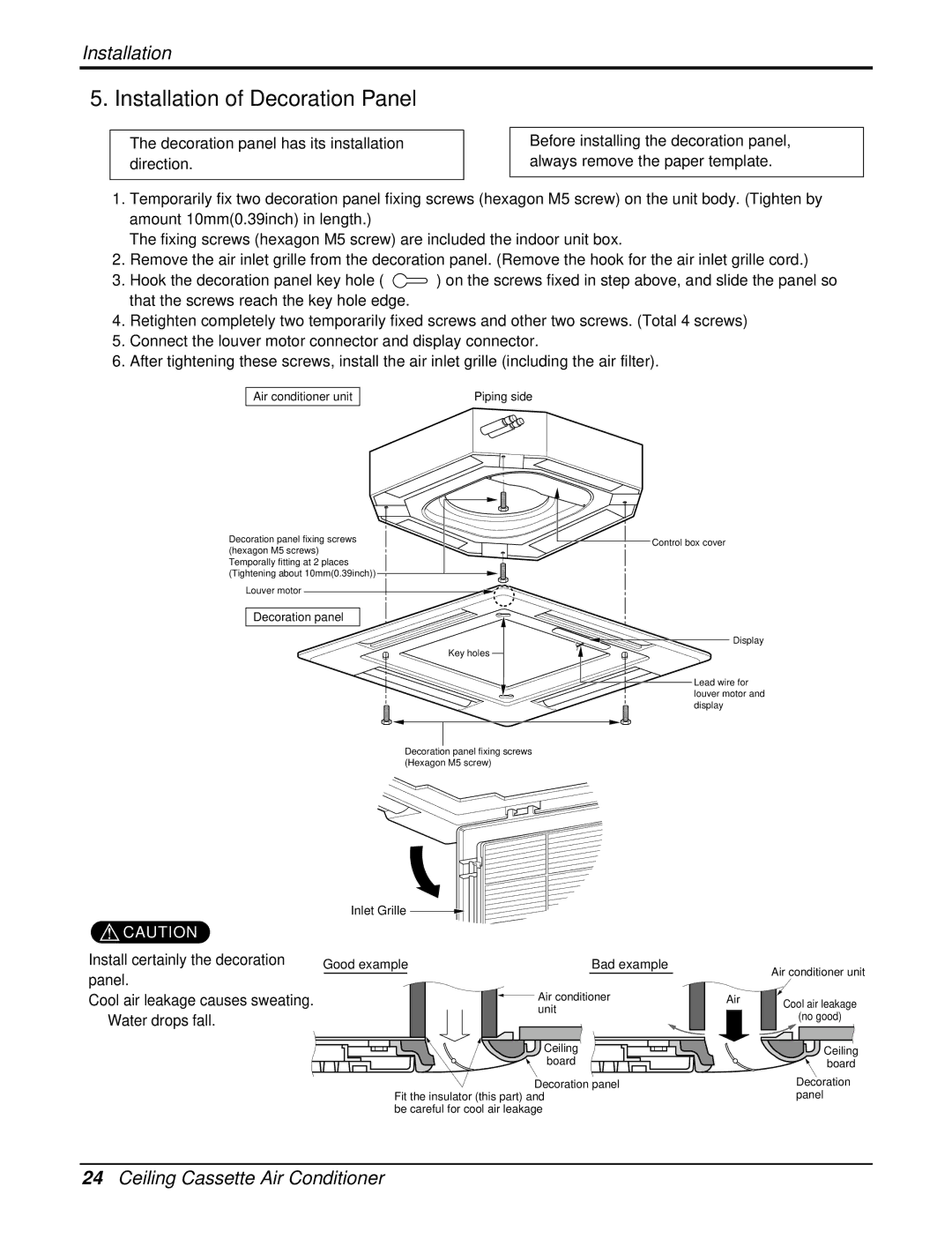 Heat Controller DMC24CA-1, DMC36CA-1 manual Installation of Decoration Panel, Air conditioner unit Piping side 