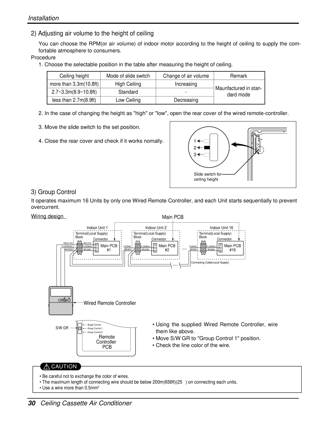 Heat Controller DMC24CA-1 manual Adjusting air volume to the height of ceiling, Group Control, Procedure, Wiring design 