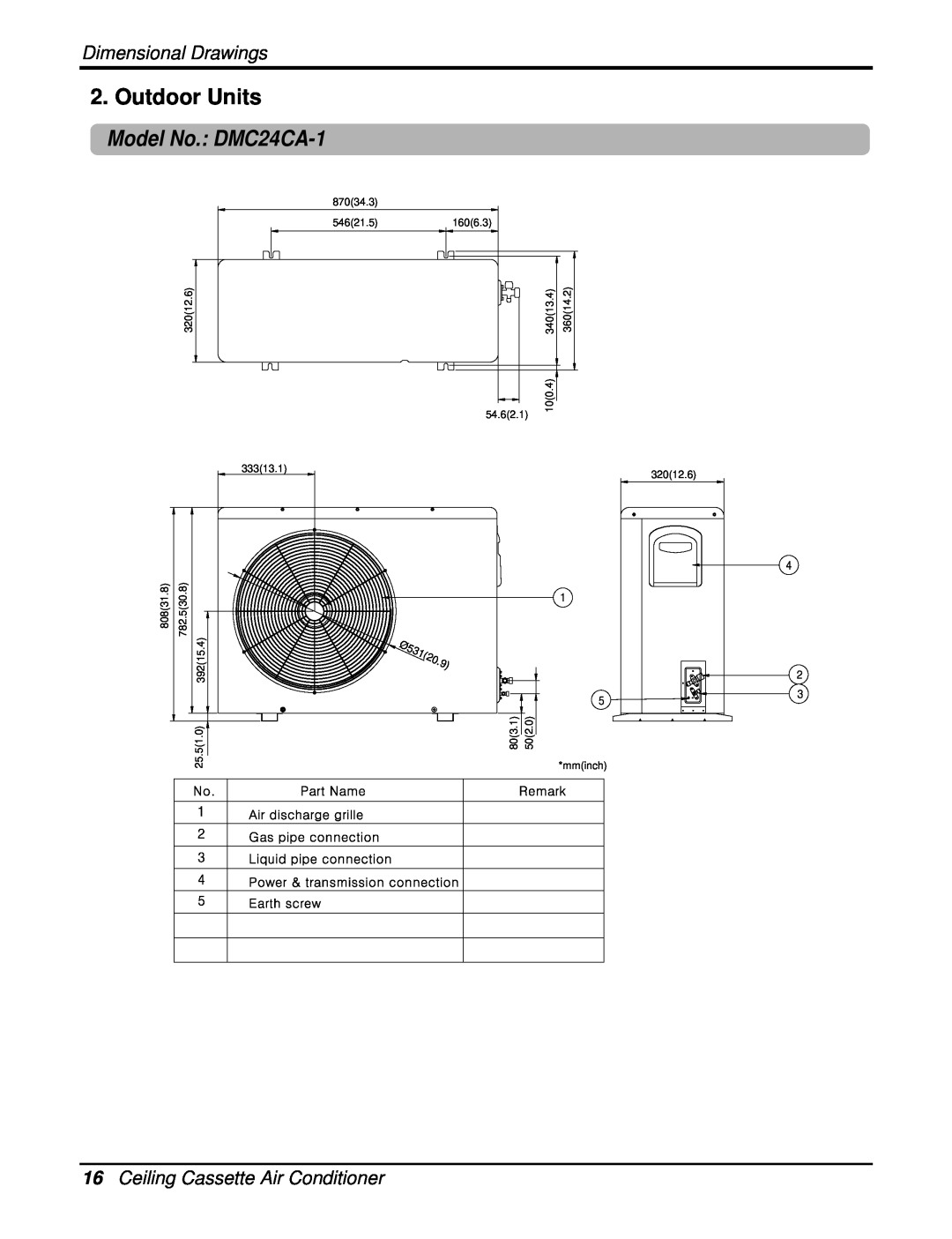 Heat Controller DMC36CA-1 Outdoor Units, Model No. DMC24CA-1, 16Ceiling Cassette Air Conditioner, Dimensional Drawings 