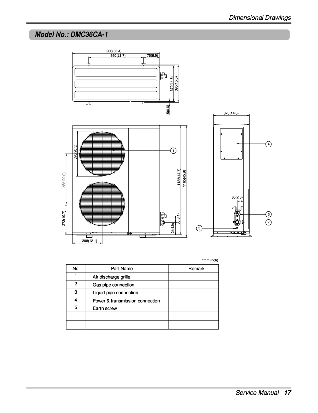 Heat Controller manual Model No. DMC36CA-1, Dimensional Drawings, Part Name, 1Air discharge grille 2Gas pipe connection 