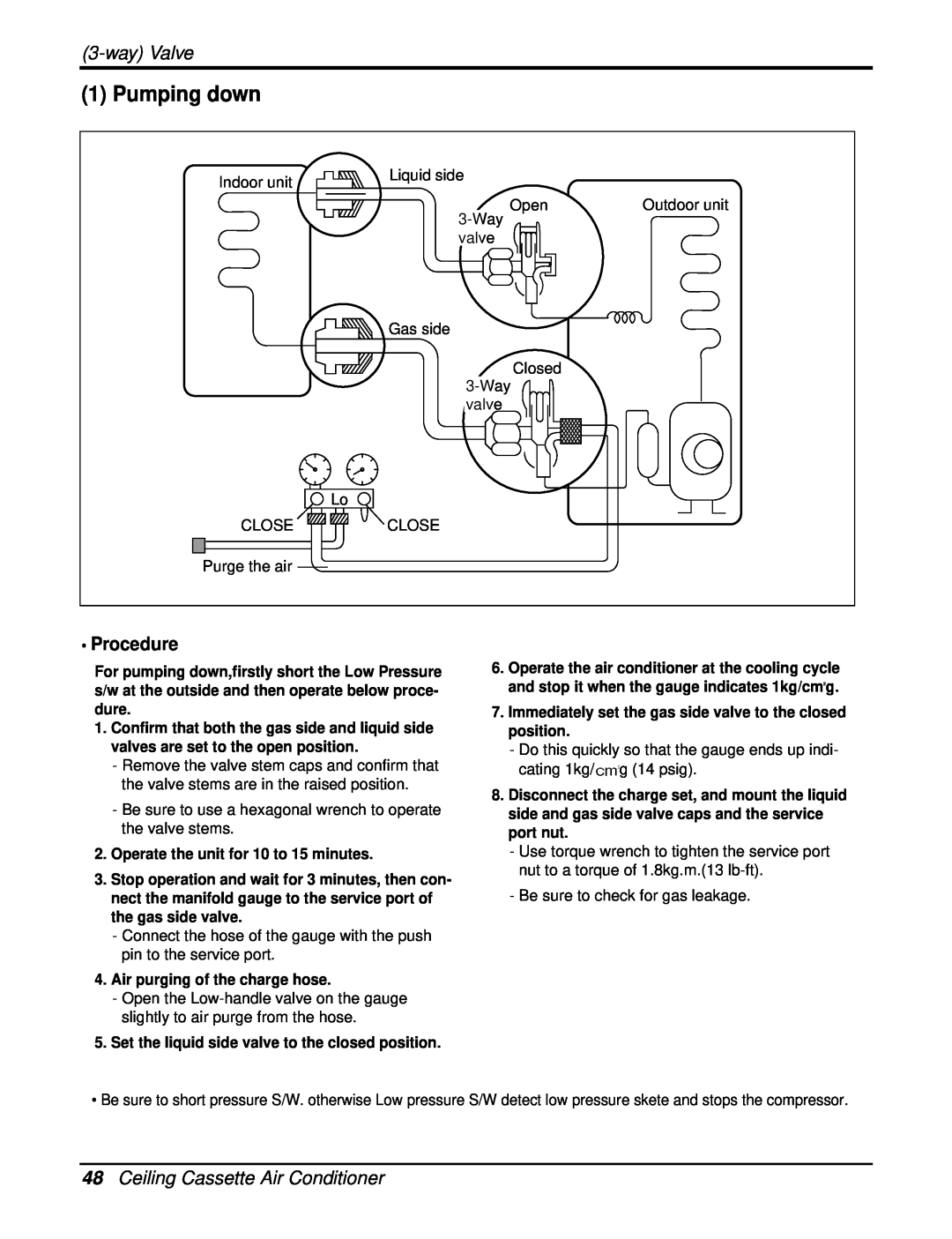 Heat Controller DMC24CA-1, DMC36CA-1 manual Pumping down, 48Ceiling Cassette Air Conditioner, wayValve, Procedure 
