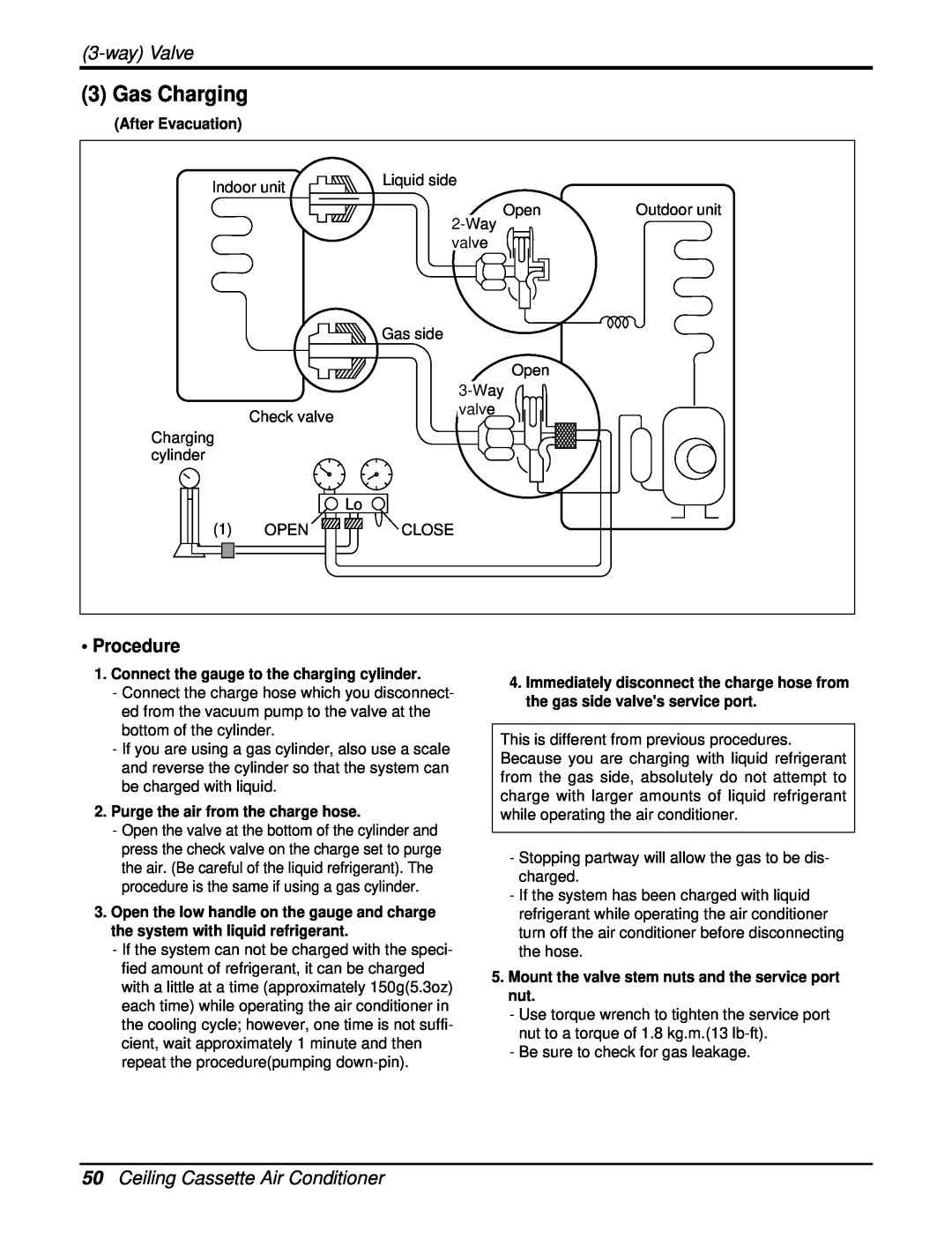 Heat Controller DMC24CA-1, DMC36CA-1 manual Gas Charging, 50Ceiling Cassette Air Conditioner, wayValve, Procedure 