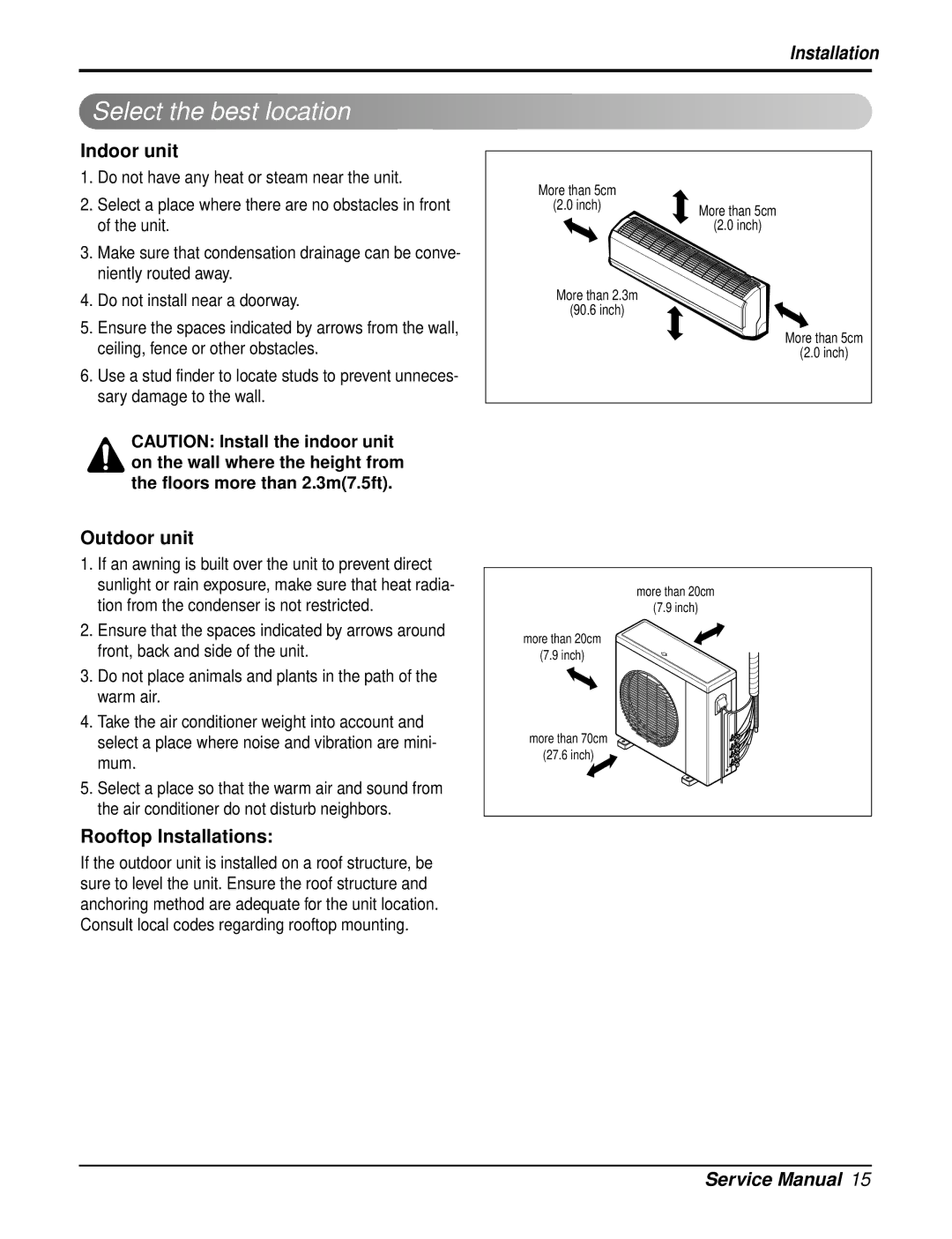 Heat Controller DMH24DB-1, DMC24DB-1 manual Select the best location, Indoor unit, Outdoor unit, Rooftop Installations 