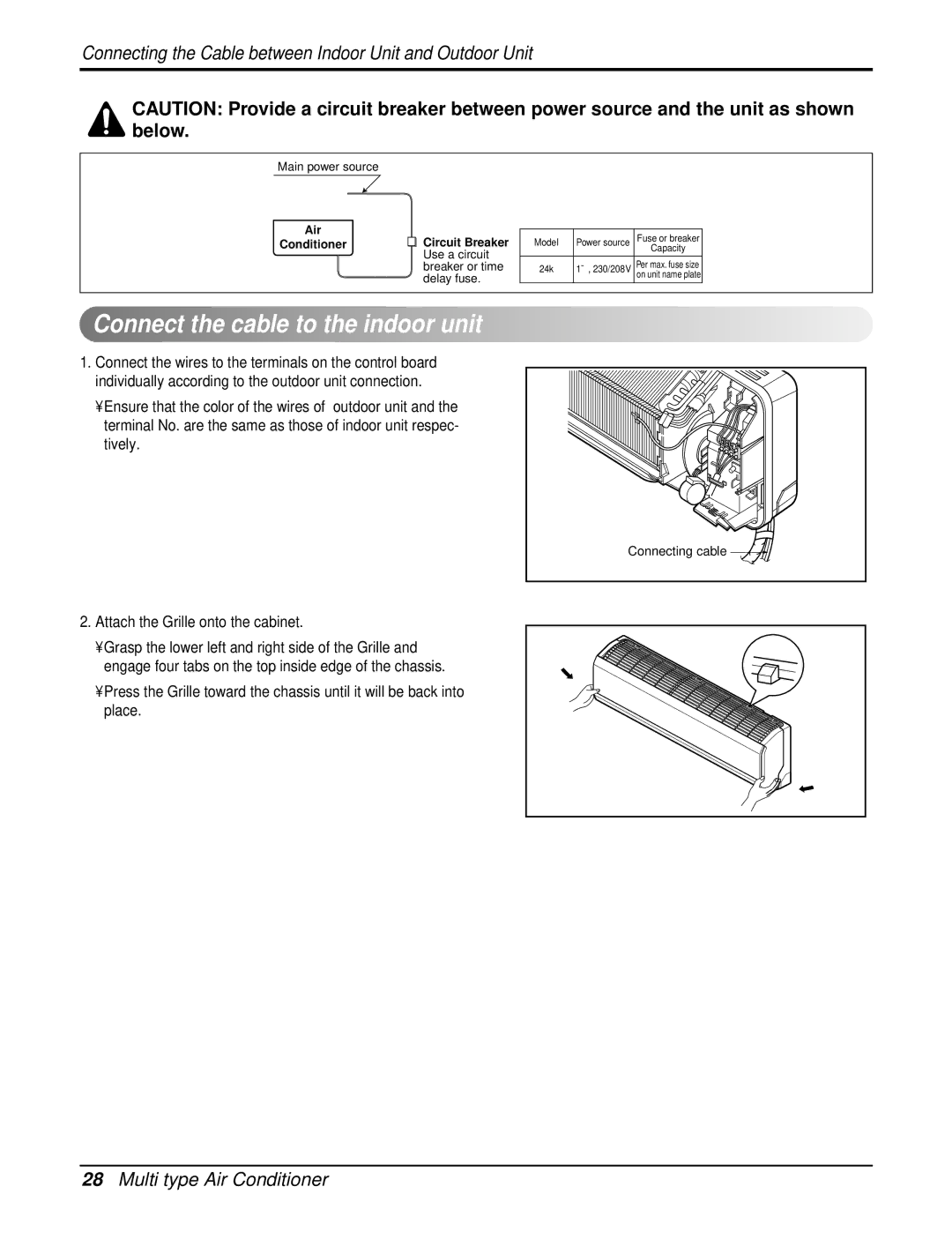 Heat Controller DMC24DB-1, DMH24DB-1 manual Attach the Grille onto the cabinet, Air Conditioner Circuit Breaker 