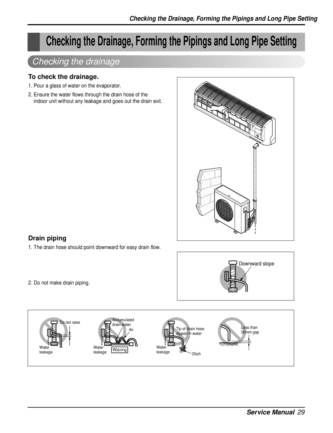 Heat Controller DMH24DB-1, DMC24DB-1 manual Checking the drainage, To check the drainage, Drain piping 