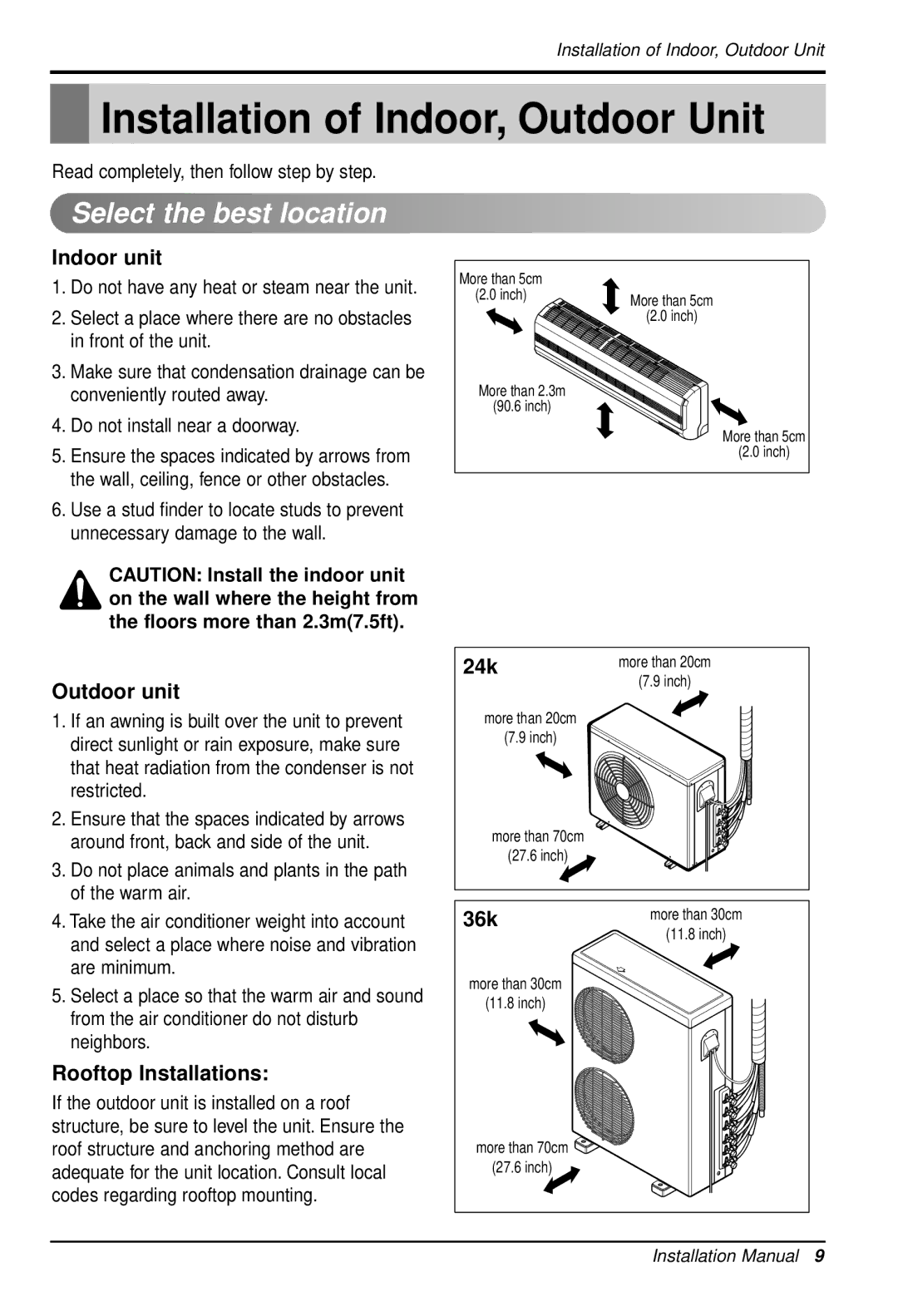 Heat Controller DMC24DB-1 manual Installation of Indoor, Outdoor Unit, Select the best location, Indoor unit, Outdoor unit 