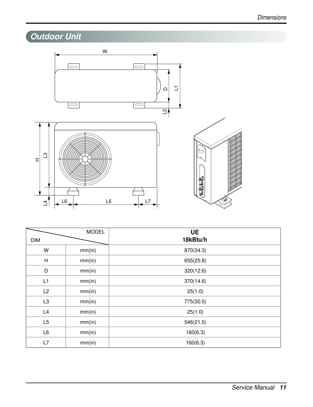 Heat Controller DMH18DB-1 manual OutdoorUnit, Dimensions, UE 18kBtu/h, Service Manual 