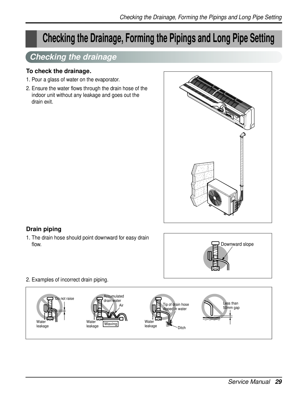 Heat Controller DMH18DB-1 manual Checkingthedrainage, To check the drainage, Drain piping, Service Manual 