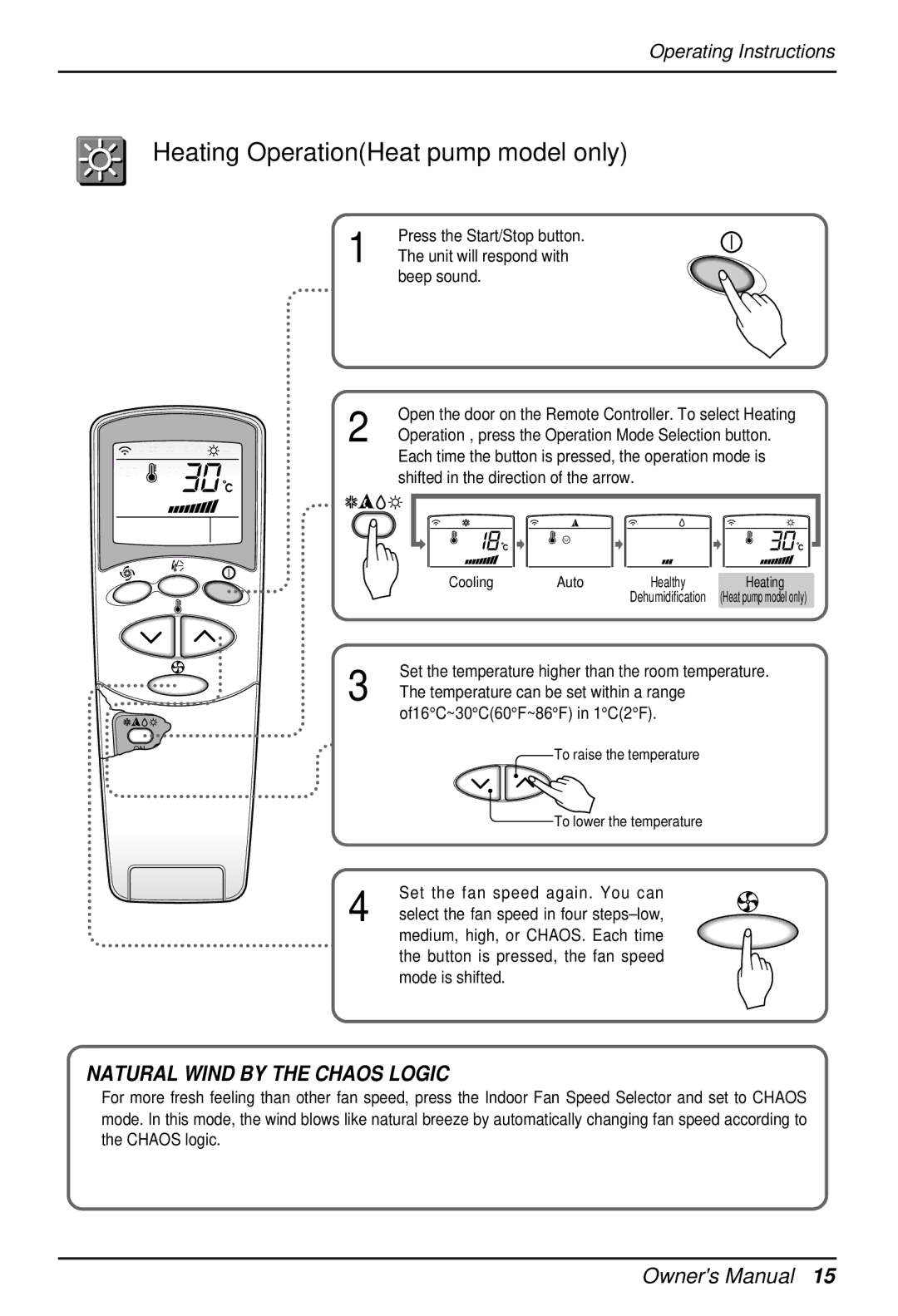 Heat Controller DMC36TB-1 manual Heating OperationHeat pump model only, Beep sound, Temperature can be set within a range 