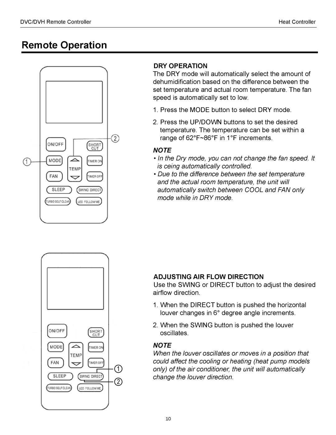 Heat Controller DVC/DVH SERIES manual DRY Operation, Adjusting AIR Flow Direction 