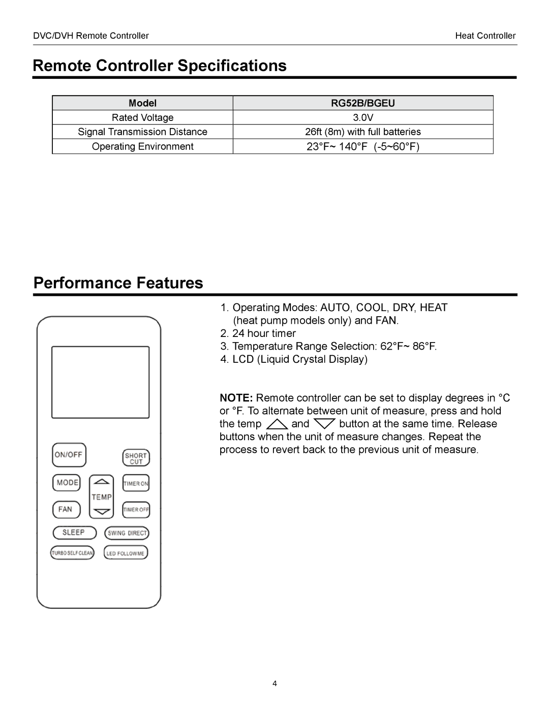 Heat Controller DVC/DVH SERIES manual Remote Controller Specifications, Performance Features 