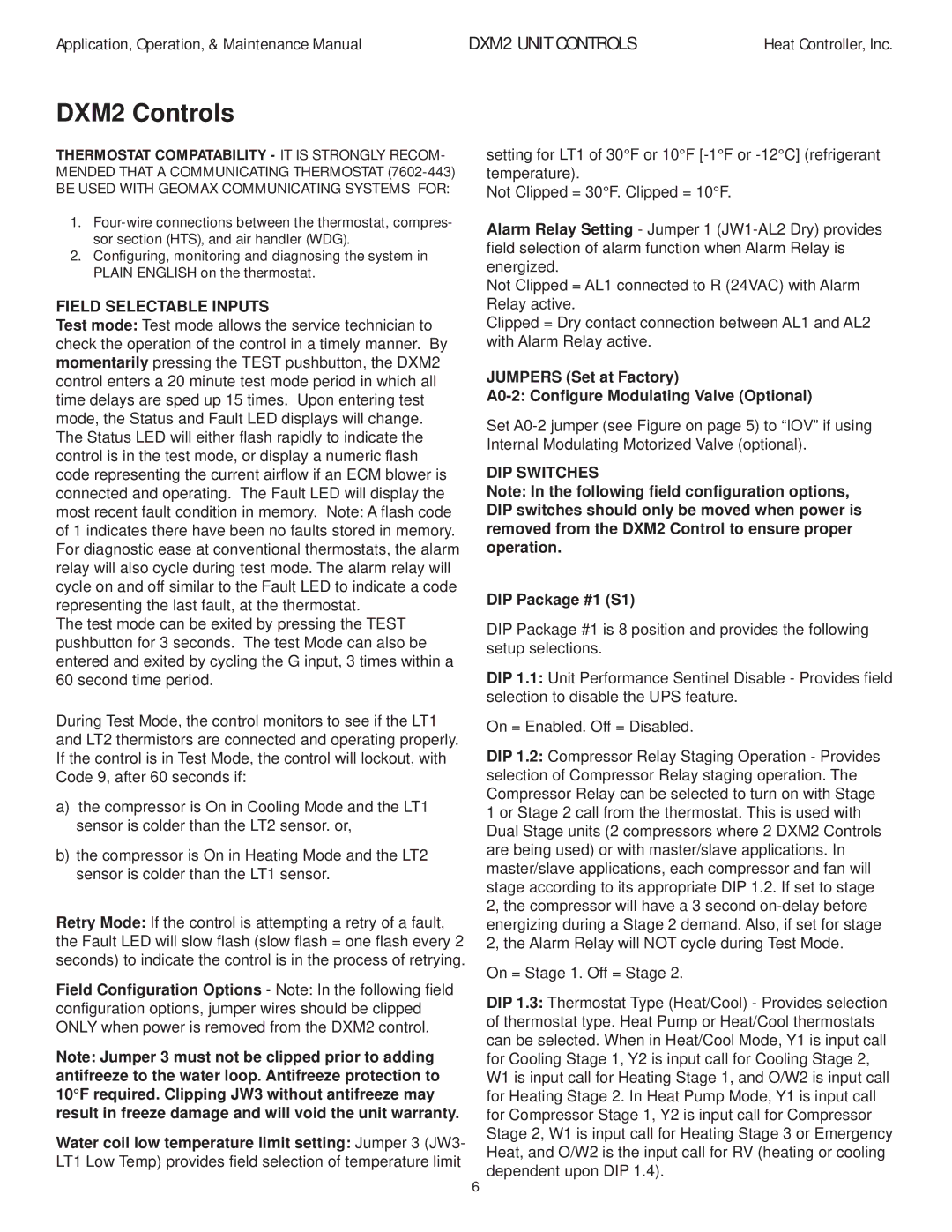 Heat Controller manual DXM2 Controls, Field Selectable Inputs, DIP Switches, DIP Package #1 S1 