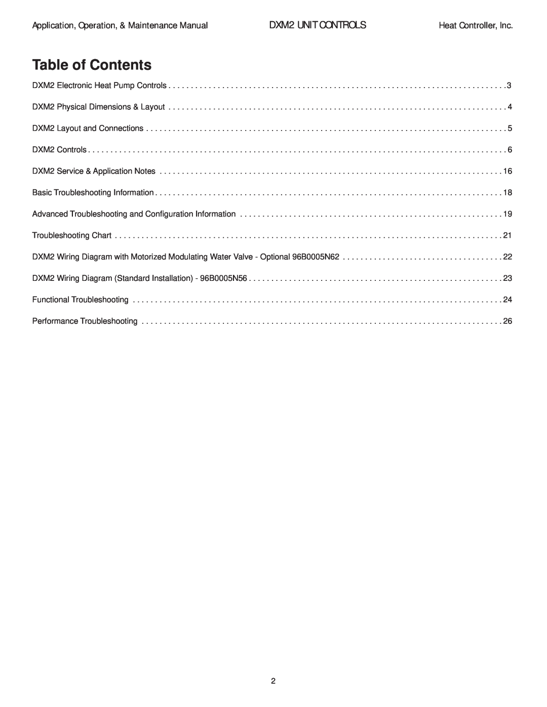 Heat Controller manual Table of Contents, DXM2 UNIT CONTROLS, Application, Operation, & Maintenance Manual 
