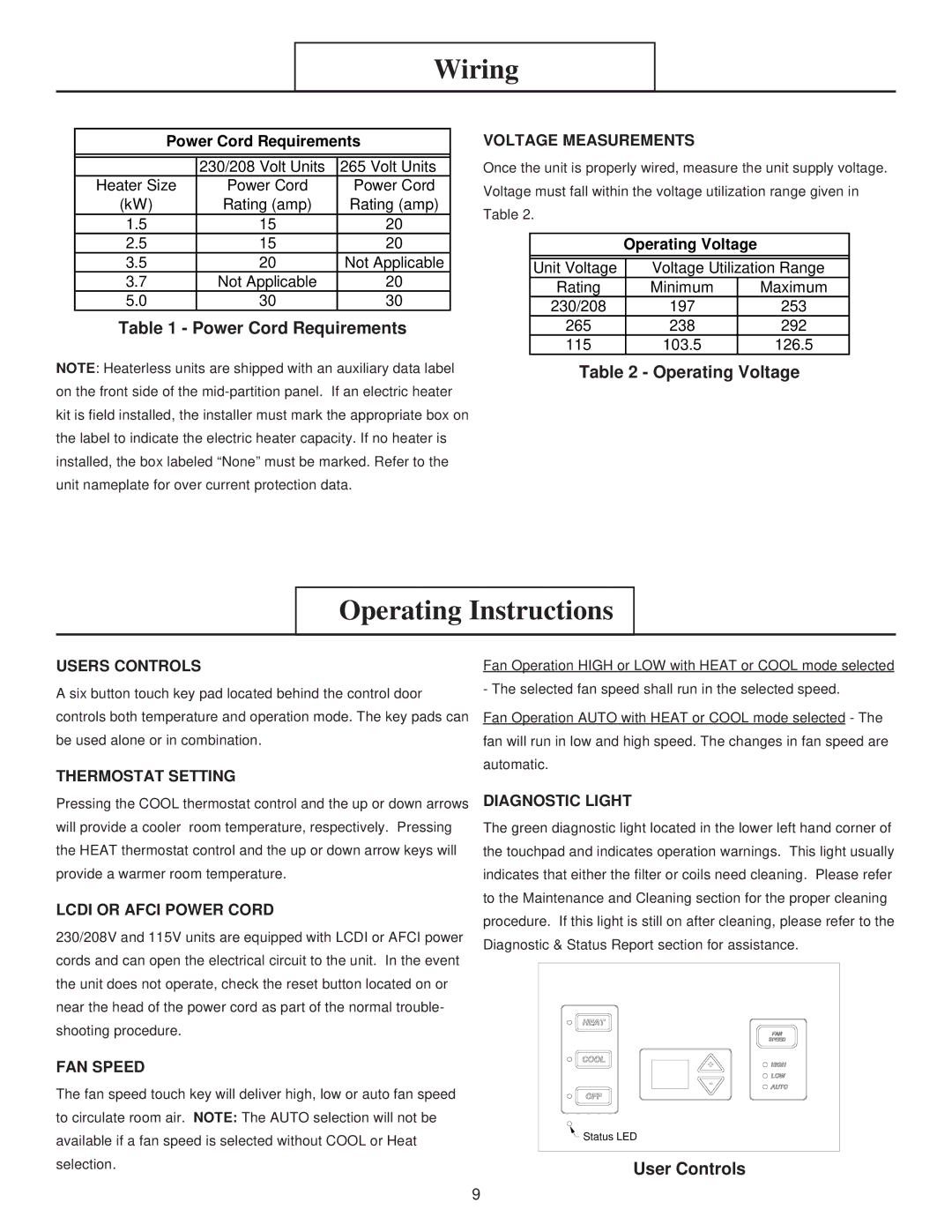 Heat Controller EKTC, EKTH manual Operating Instructions, Power Cord Requirements, Operating Voltage, User Controls 