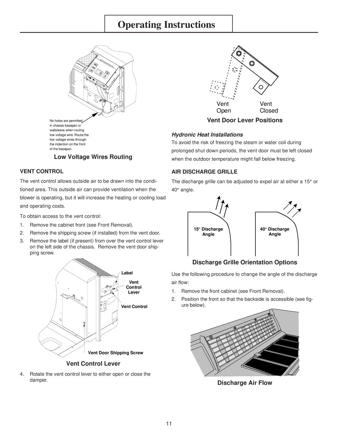 Heat Controller EKTC, EKTH Low Voltage Wires Routing, Vent Door Lever Positions, Vent Control Lever, Discharge Air Flow 