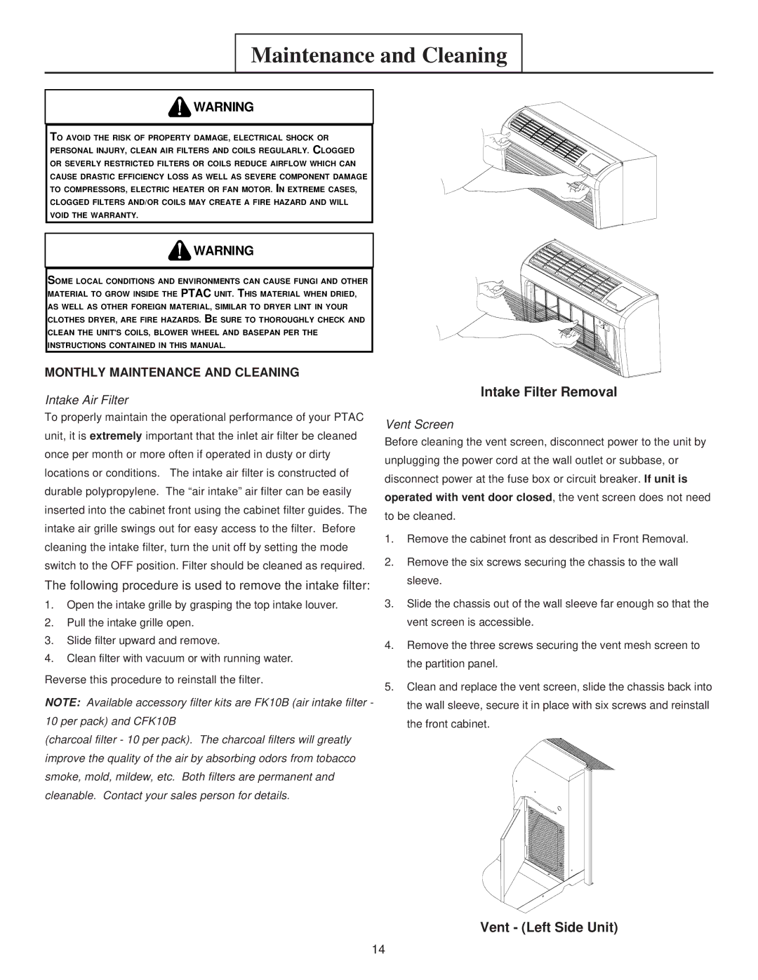 Heat Controller EKTH, EKTC manual Maintenance and Cleaning, Intake Filter Removal, Vent Left Side Unit 