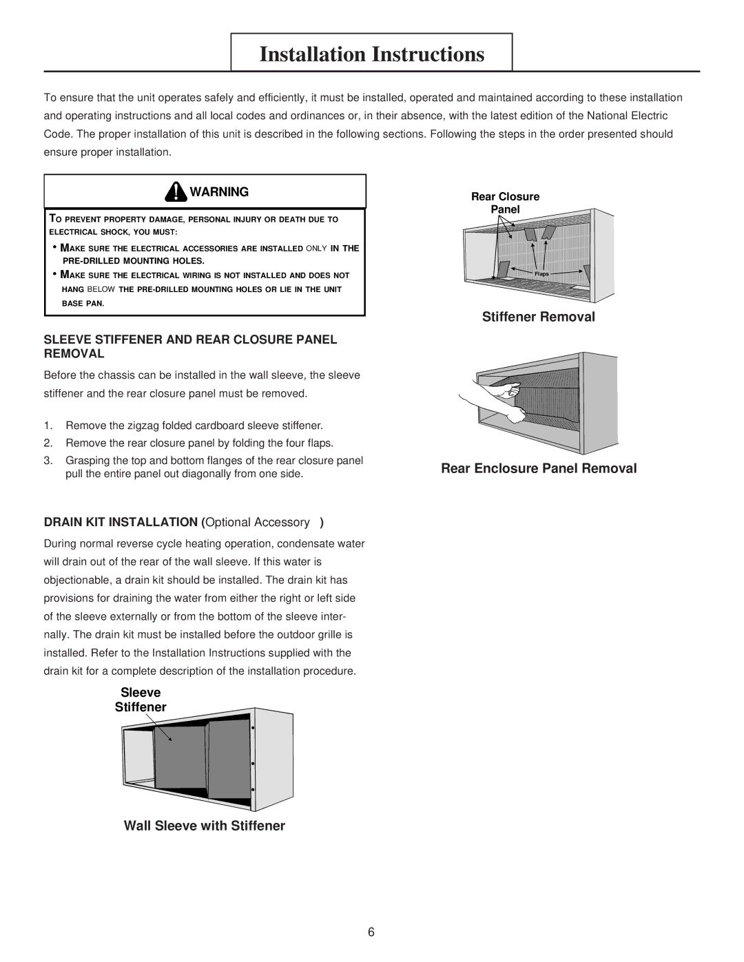 Heat Controller EKTH, EKTC manual Installation Instructions, Sleeve Stiffener and Rear Closure Panel Removal 