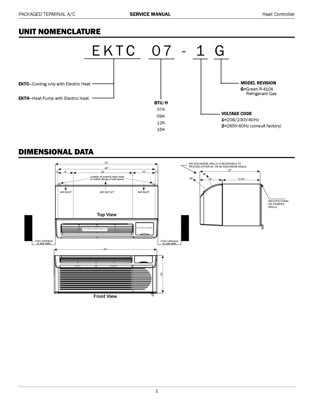 Heat Controller EKTH09-1G, EKTH15-1G, EKTH12-1G Unit nomenclature, Dimensional Data, Btu/H, Model Revision, Voltage Code 