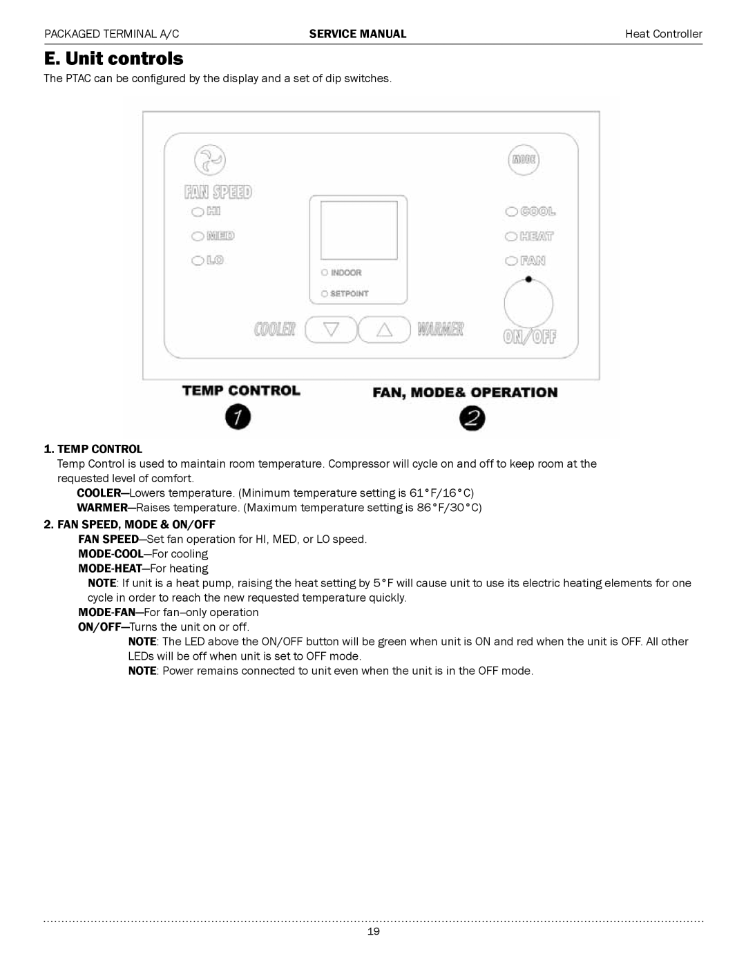 Heat Controller EKTC15-2G, EKTH15-1G, EKTH12-1G, EKTH09-1G, EKTH12-2G, EKTH09-2G, EKTH07-1G Unit controls, Temp Control 