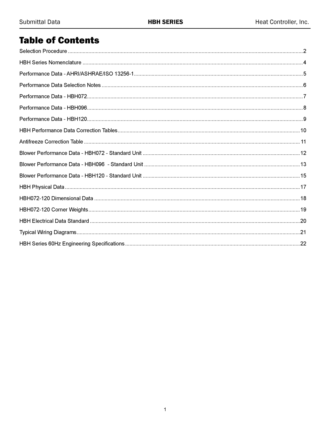 Heat Controller 60 HZR-410A, HBH 072 - 120 manual Table of Contents 