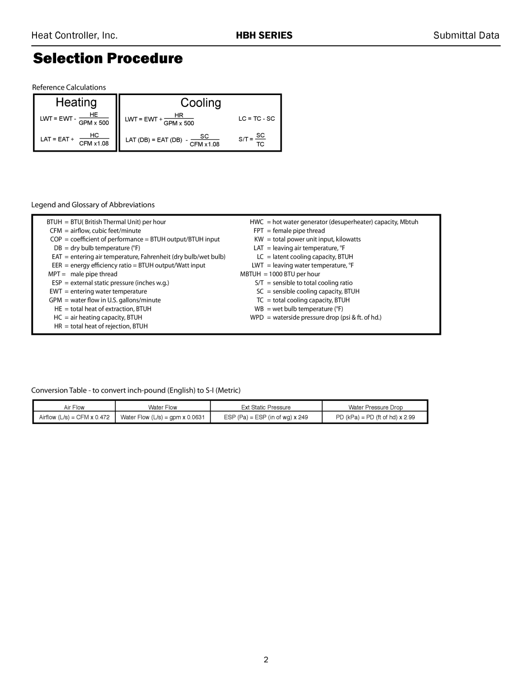 Heat Controller HBH 072 - 120 manual Reference Calculations, Conversion Table to convert inch-pound English to S-I Metric 