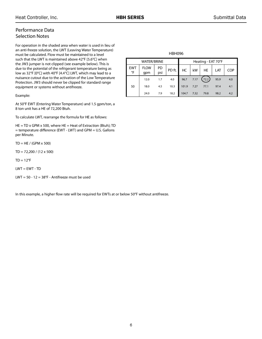 Heat Controller HBH 072 - 120 Performance Data Selection Notes, LWT = 50 12 = 38F Antifreeze must be used, PD ft, Psi 