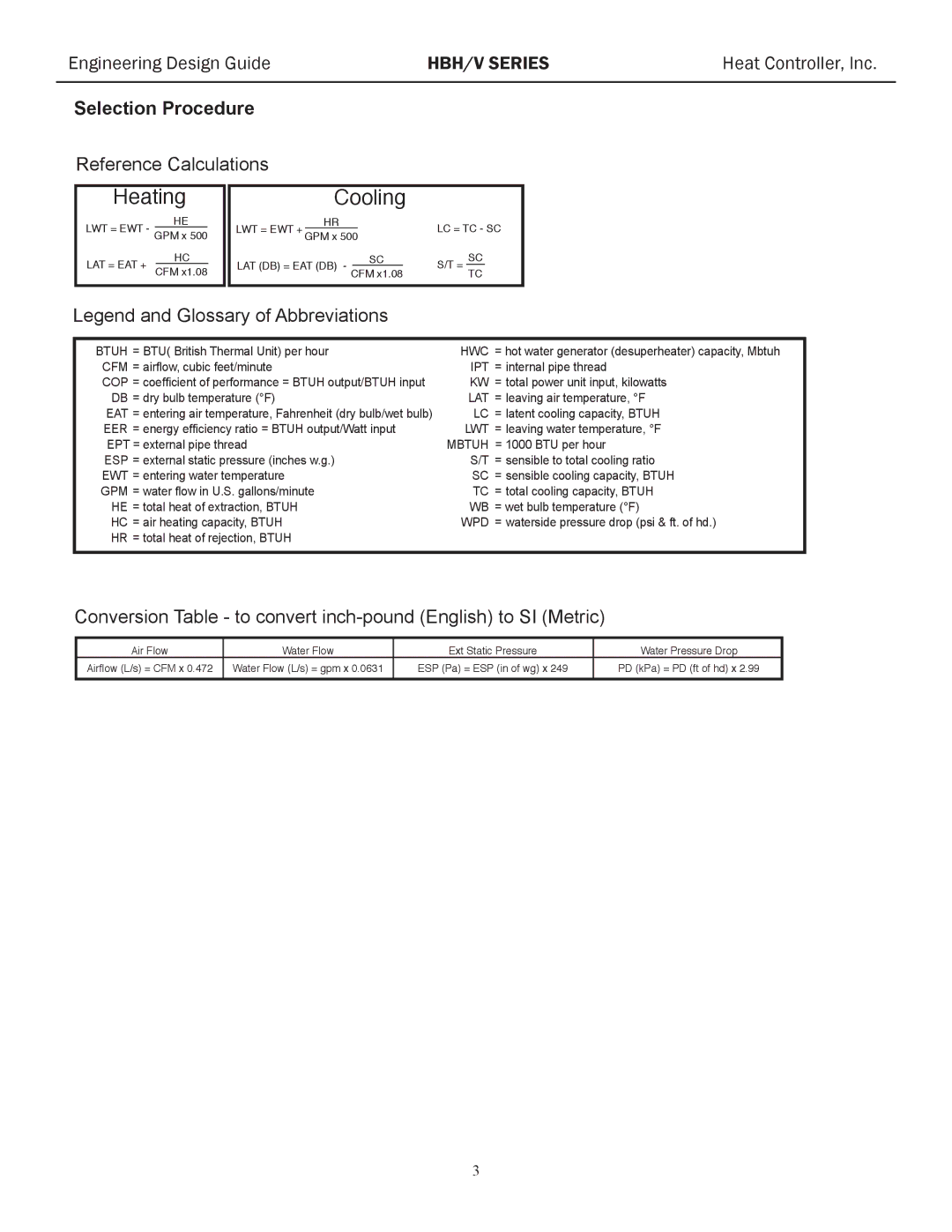 Heat Controller HBH/V manual Cooling, Selection Procedure 