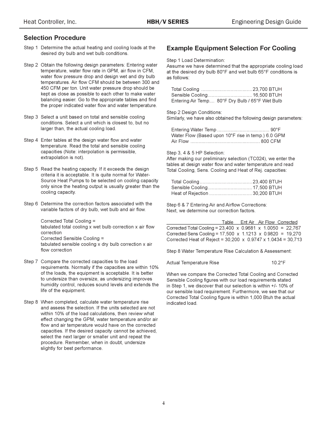 Heat Controller HBH/V manual Example Equipment Selection For Cooling 