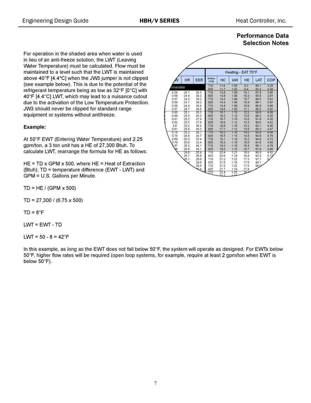 Heat Controller HBH/V manual Performance Data Selection Notes, Example 