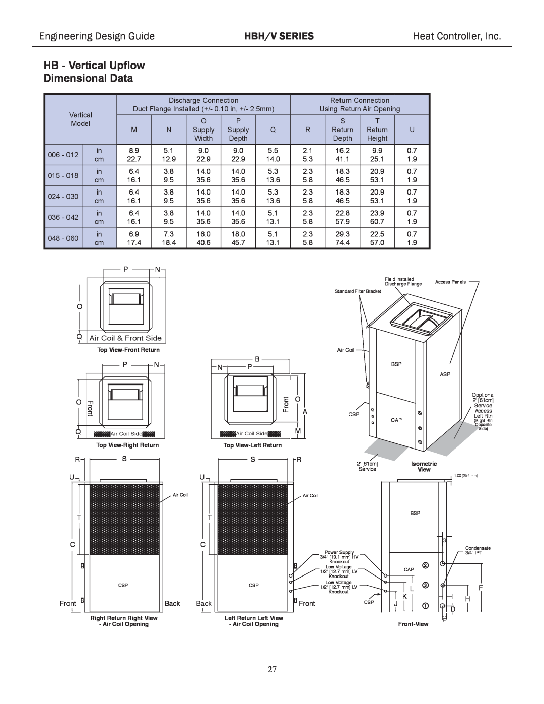 Heat Controller HBH/V HB - Vertical Upflow, Hbh/V Series, Heat Controller, Inc, Dimensional Data, Engineering Design Guide 