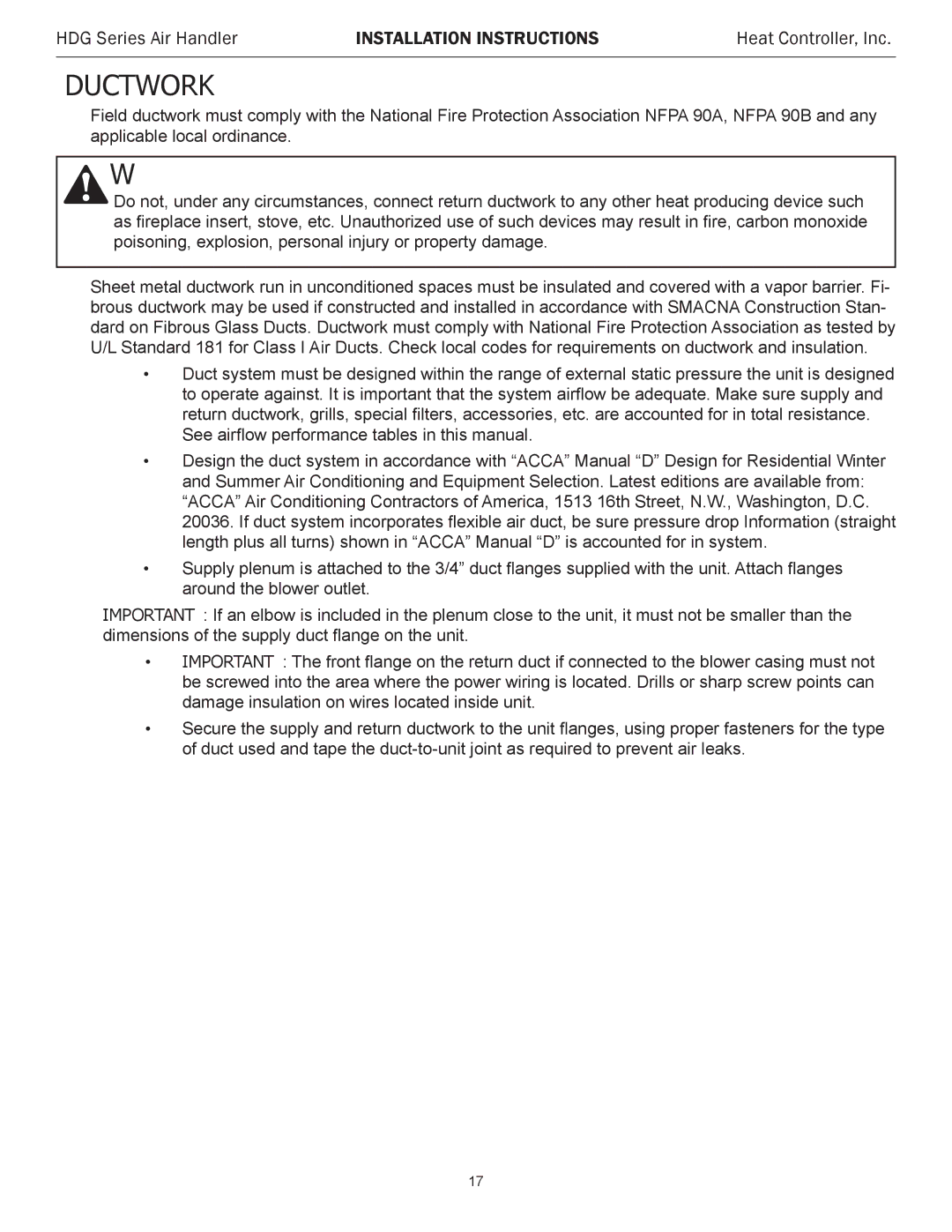 Heat Controller HDG42, HDG48, HDG60, HDG30, HDG24, HDG36 installation instructions Ductwork 