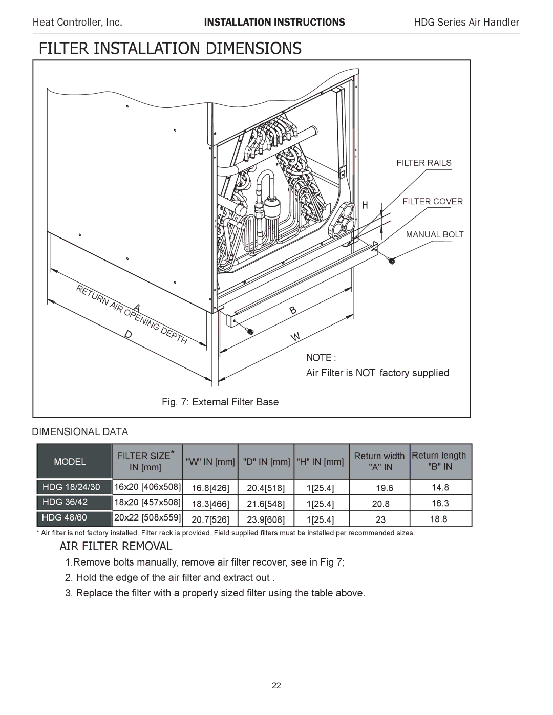 Heat Controller HDG30, HDG48, HDG60, HDG24, HDG42, HDG36 installation instructions Filter Installation Dimensions 