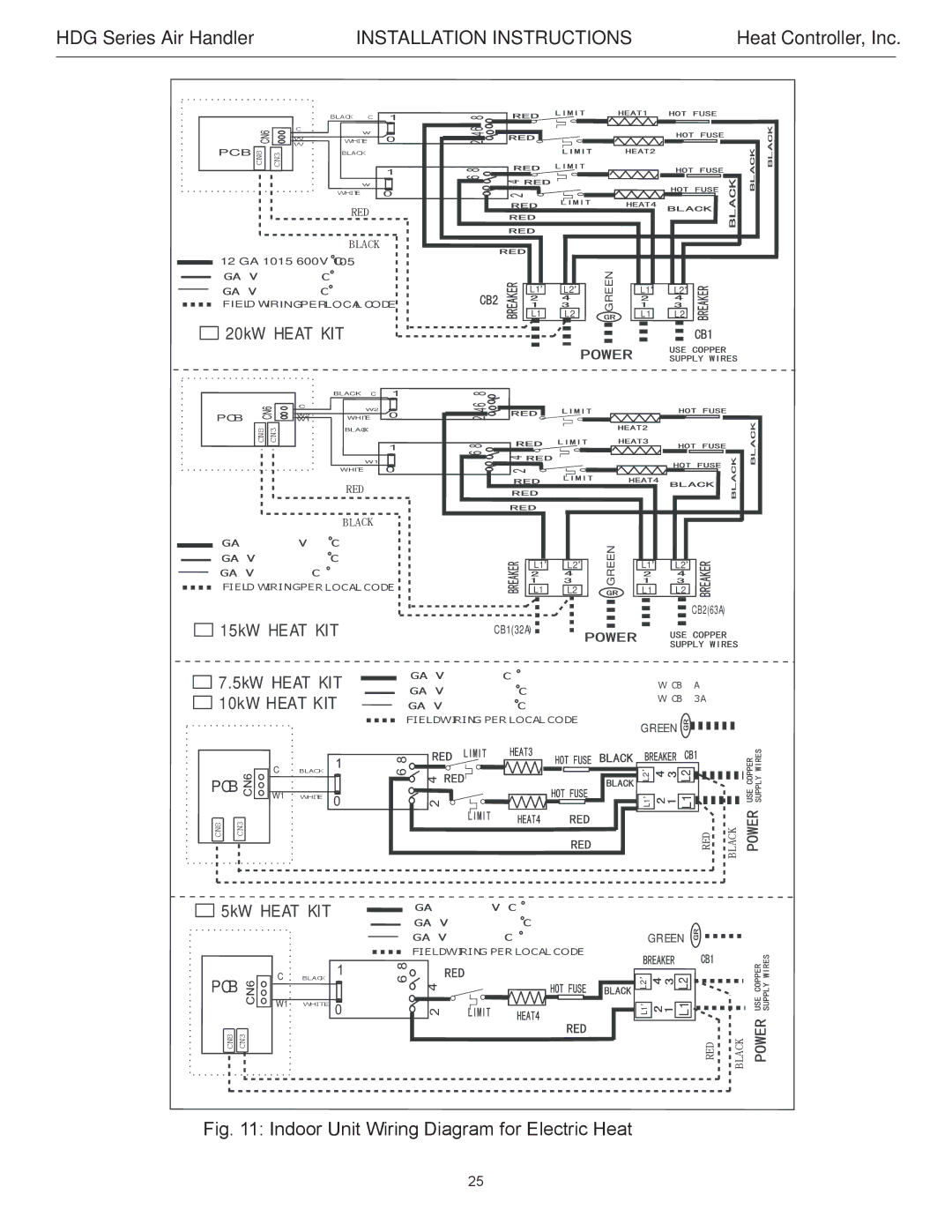 Heat Controller HDG36, HDG48, HDG60, HDG30, HDG24, HDG42 installation instructions Indoor Unit Wiring Diagram for Electric Heat 