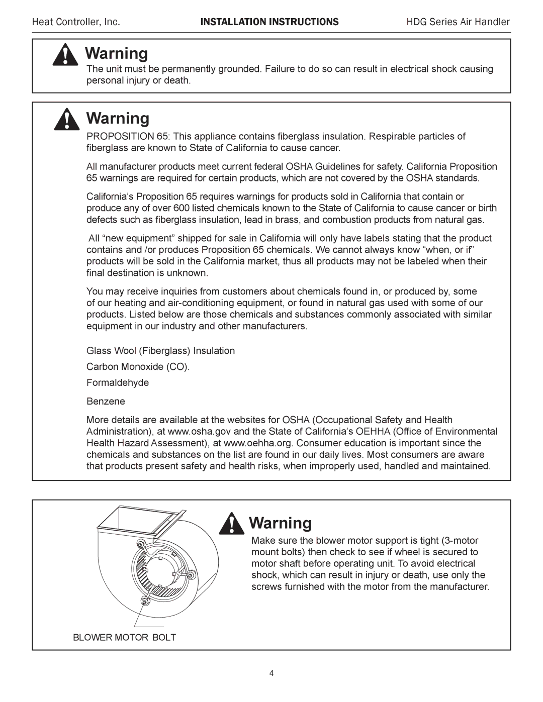 Heat Controller HDG36, HDG48, HDG60, HDG30, HDG24, HDG42 installation instructions Blower Motor Bolt 