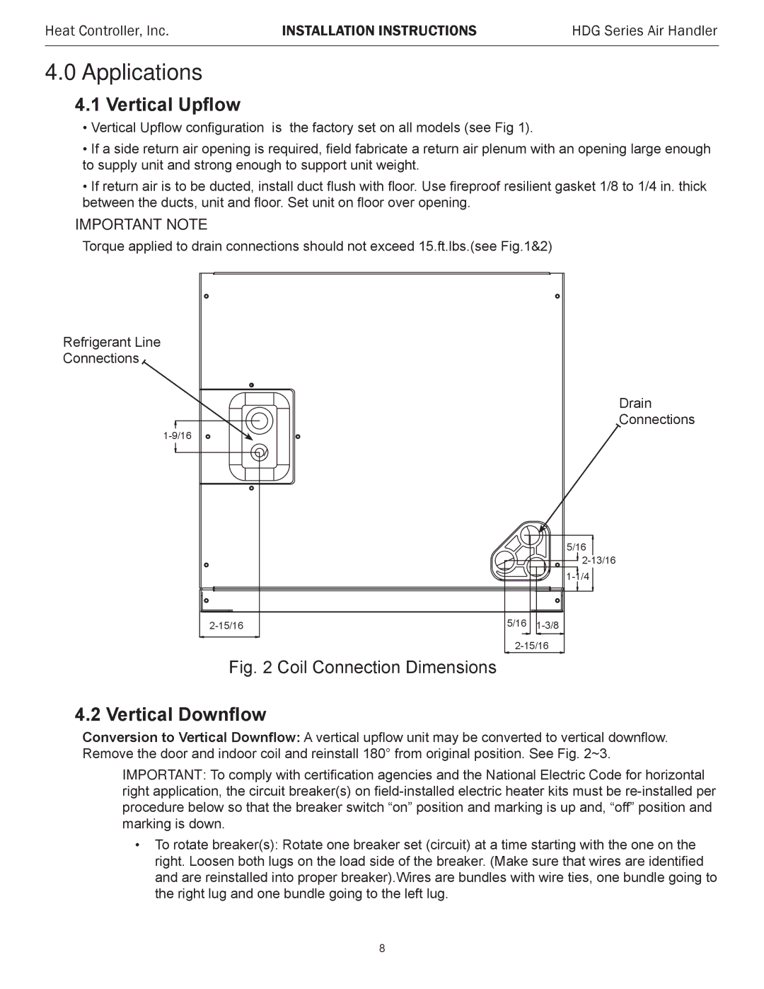 Heat Controller HDG30, HDG48, HDG60, HDG24, HDG42, HDG36 installation instructions Applications, Vertical Upflow 