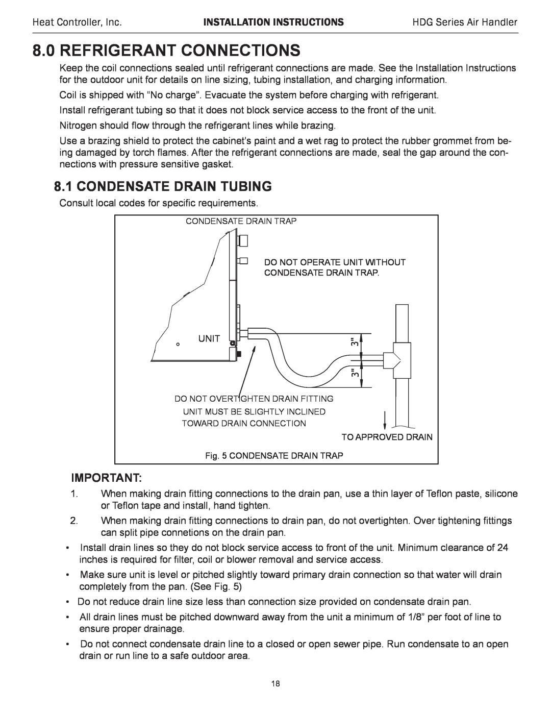 Heat Controller HDG36 Refrigerant Connections, Condensate Drain Tubing, Heat Controller, Inc, Installation Instructions 