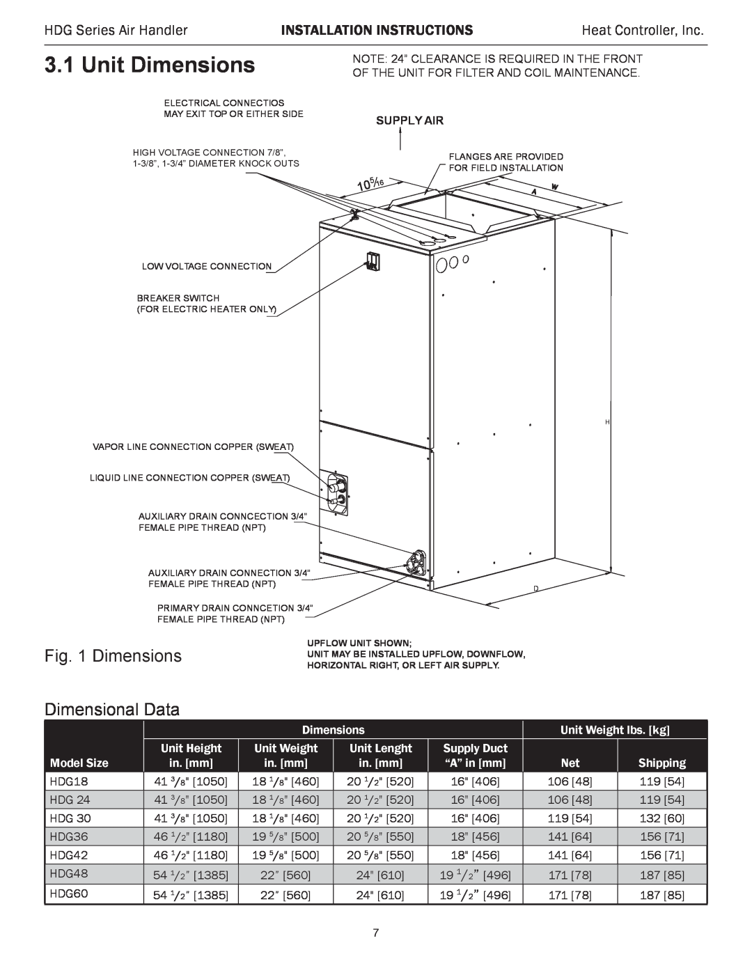Heat Controller HDG60 Unit Dimensions, Dimensions Dimensional Data, HDG Series Air Handler, Installation Instructions 