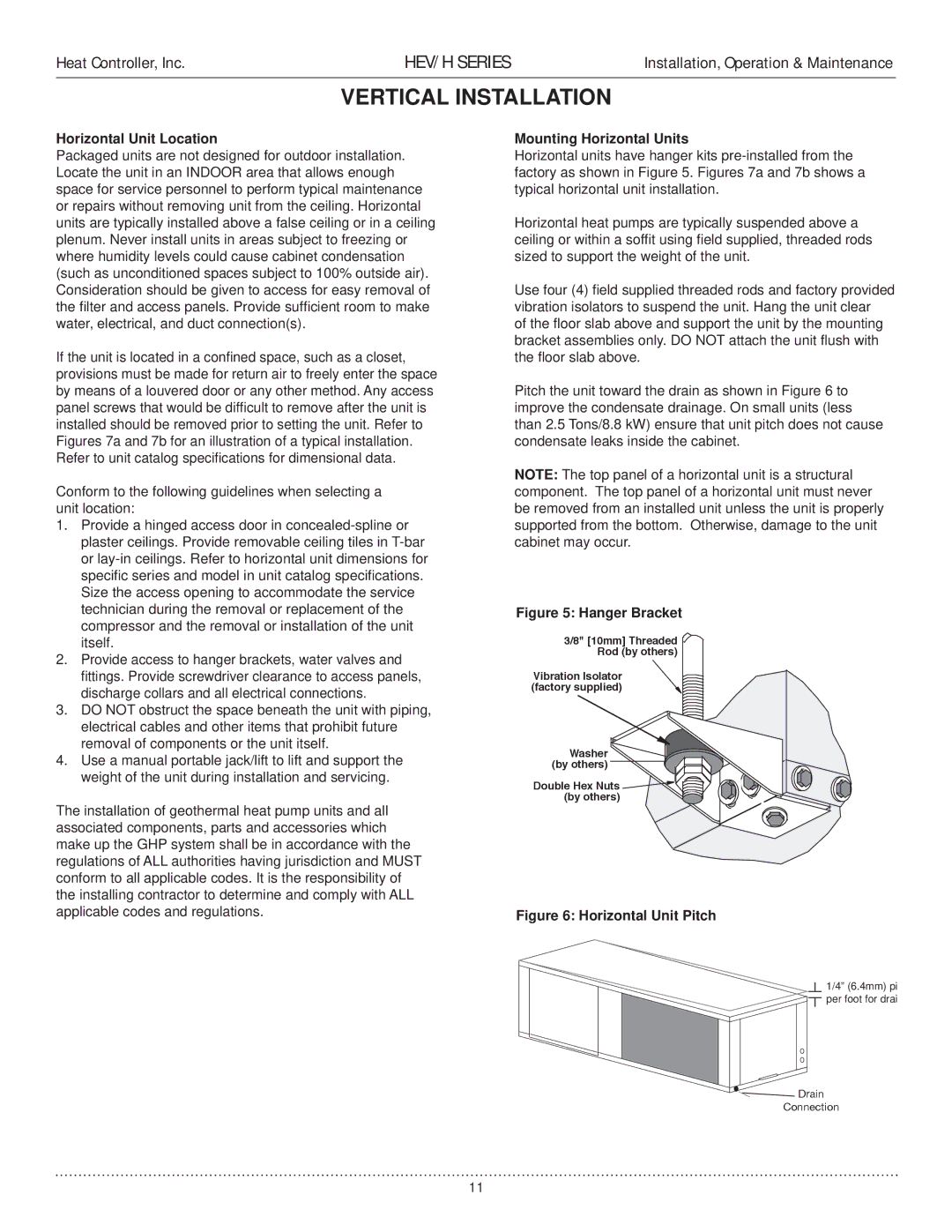 Heat Controller HEV/H manual Vertical Installation, Horizontal Unit Location, Mounting Horizontal Units 