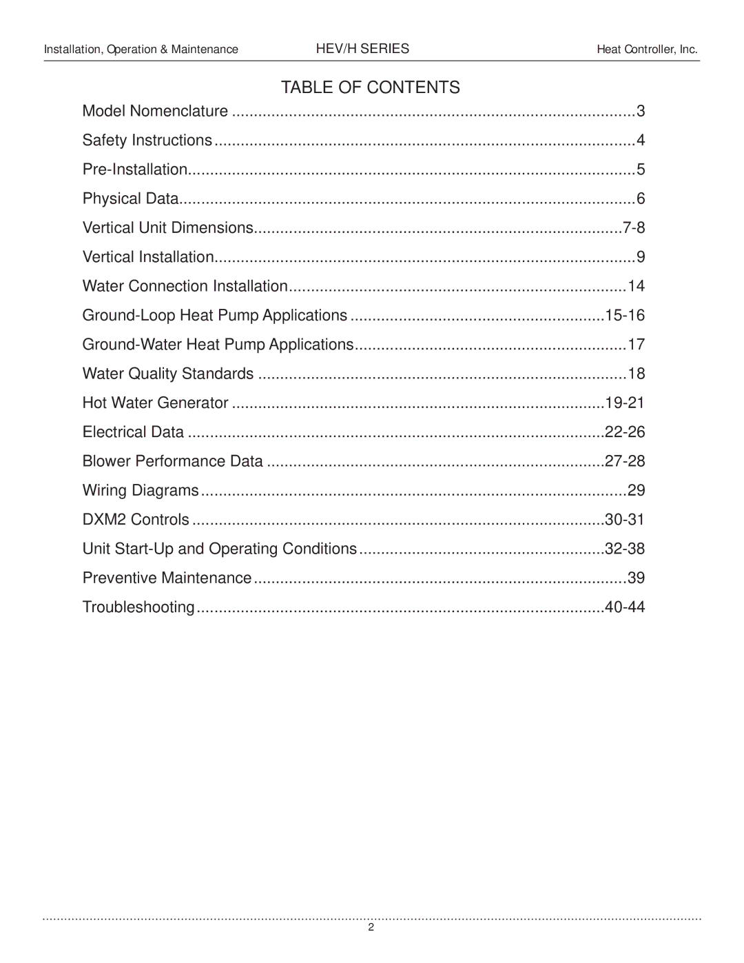 Heat Controller HEV/H manual Table of Contents 