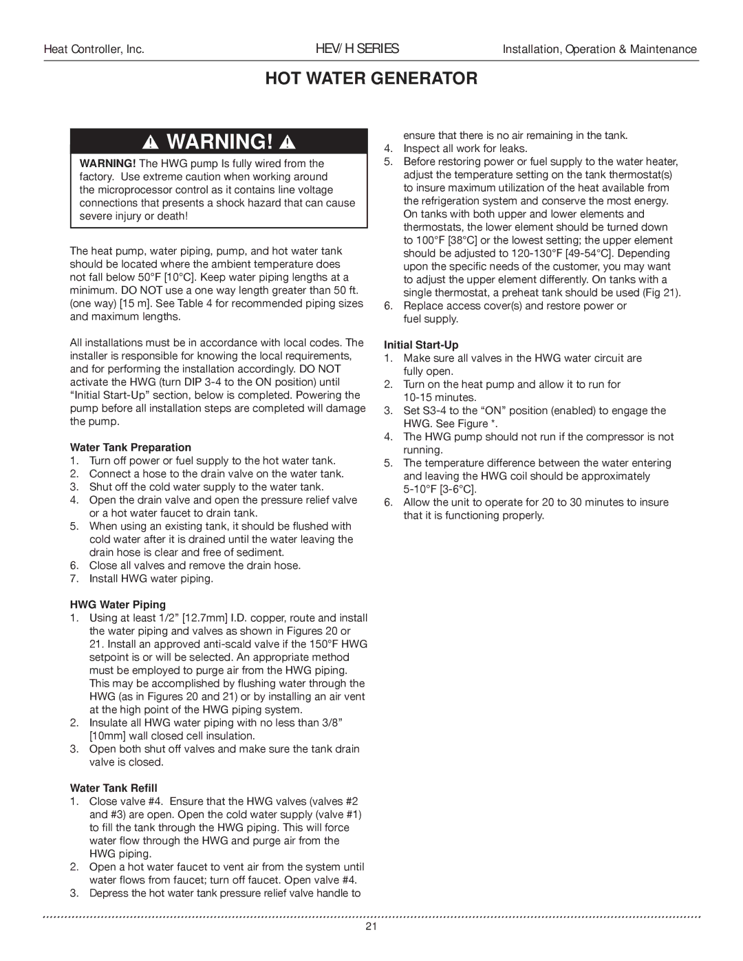 Heat Controller HEV/H manual Water Tank Preparation, HWG Water Piping, Water Tank Reﬁll, Initial Start-Up 