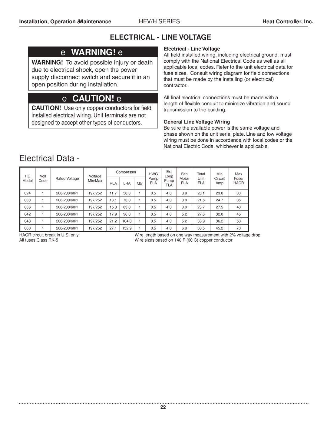 Heat Controller HEV/H manual Electrical Line Voltage, General Line Voltage Wiring 